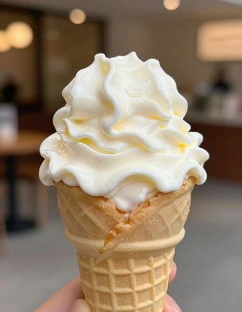 Ice cream in waffle cone with whipped cream in hand.の写真素材