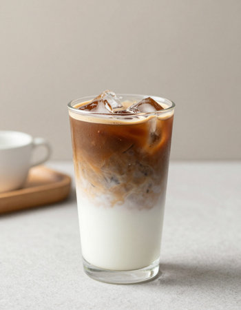 Iced coffee with milk in a tall glass on a light background