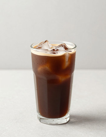Iced coffee in glass with ice cubes on light background, closeup