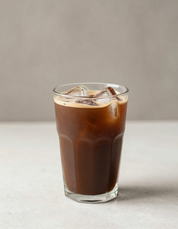 Iced coffee with ice cubes in glass on grey background, vertical