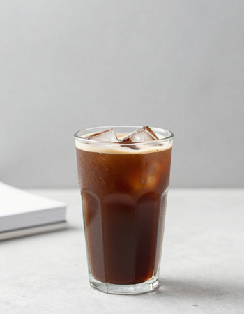 Iced coffee with milk in a glass on a white background.