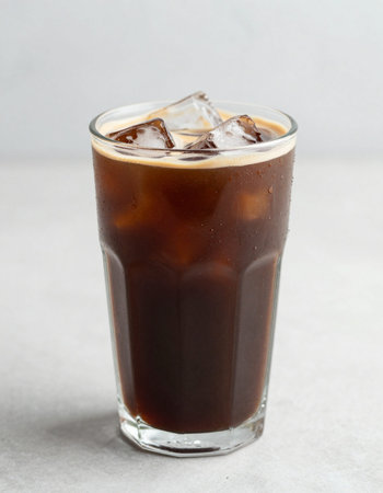 Iced coffee in a glass on a white background. Selective focus.