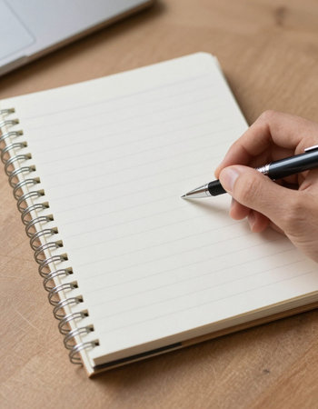 Hand writing on blank notebook with pen on wood table, stock photo