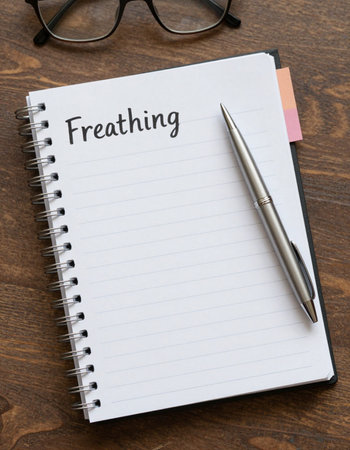 Text on notebook with pen and glasses on wooden table