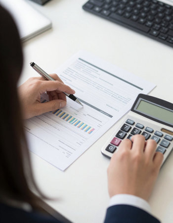 Businesswoman analyzing investment charts with calculator and laptop in office. Accounting