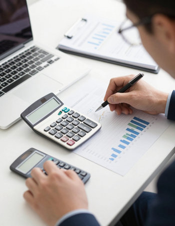 Businessman analyzing investment charts with laptop and calculator at office. Accounting