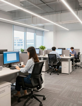 Group of business people using computer in modern office. This is a 3d render illustration