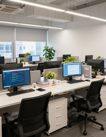 Interior of a modern open space office with computers and desktops