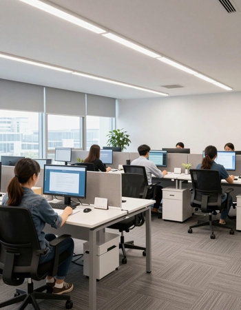 Group of business people working on computers in modern office, rear view