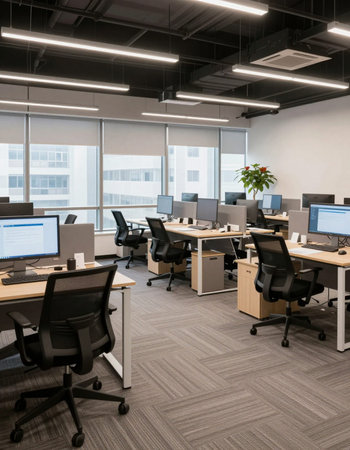 Modern coworking office interior with computers and equipment. 3D Renderingの写真素材