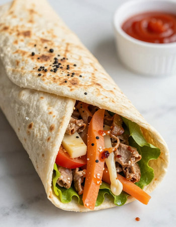 tortilla wrap with meat and vegetables, close up, vertical