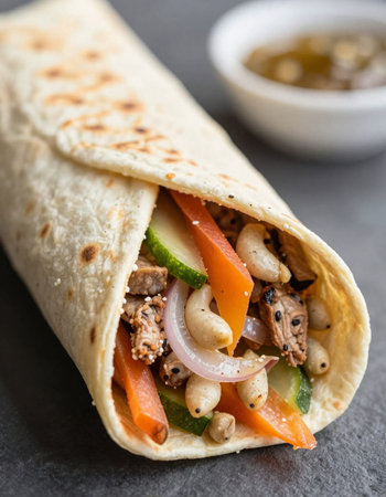 Tortilla wrap with meat, vegetables and sauce, selective focusの写真素材