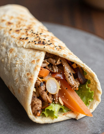 Tortilla wrap with meat, vegetables and sesame seeds.