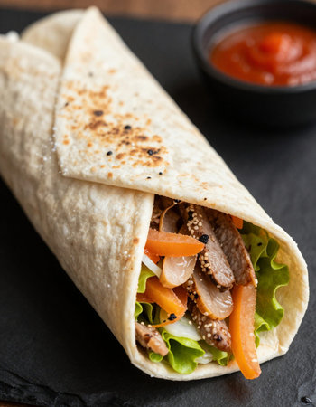 tortilla wrap with beef and vegetables on black background, closeup