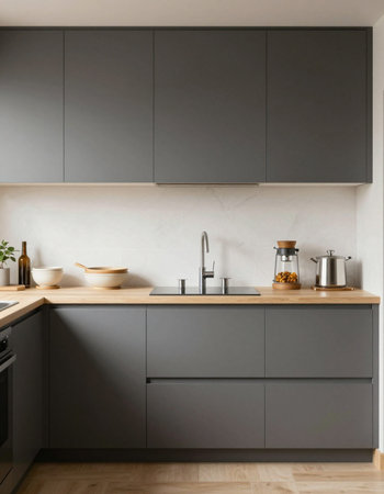 interior of modern kitchen with grey walls, wooden floor and grey countertops
