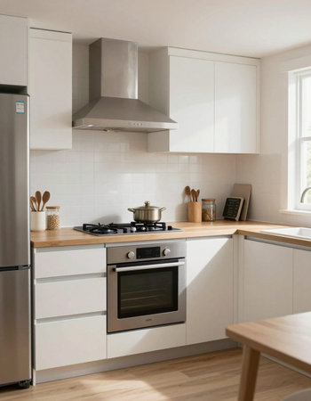 interior of a modern kitchen with white cabinets and built in appliances