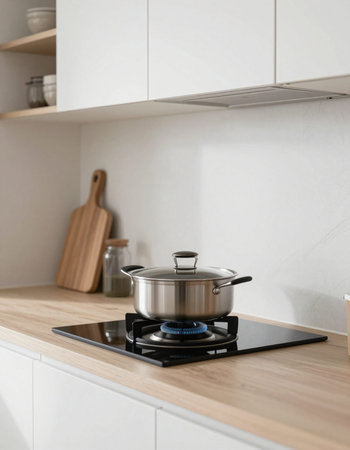 stainless steel cooking pot on gas stove in modern kitchen interiorの写真素材