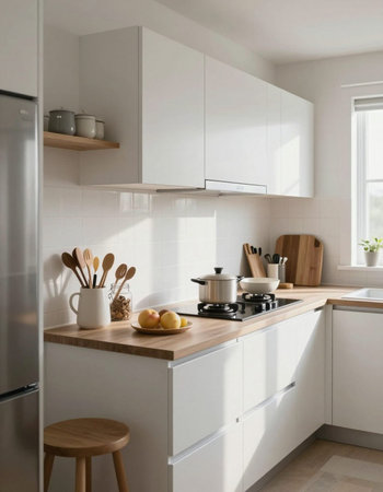 interior of modern kitchen with white furniture