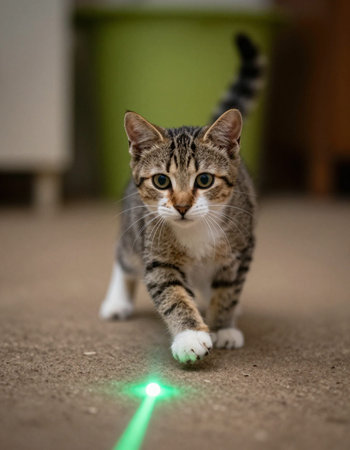 Cute tabby cat with green led light in the room.