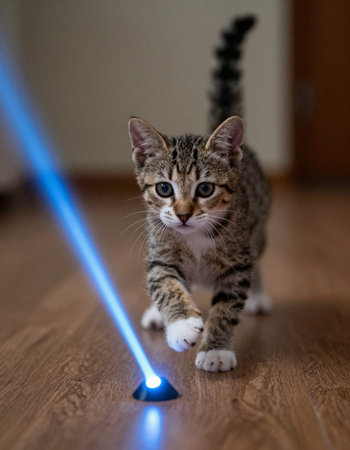 Cute little kitten with blue flashlight on the floor at home.