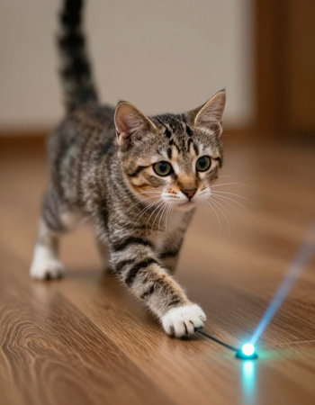 Cute tabby kitten with led light on the floor at home