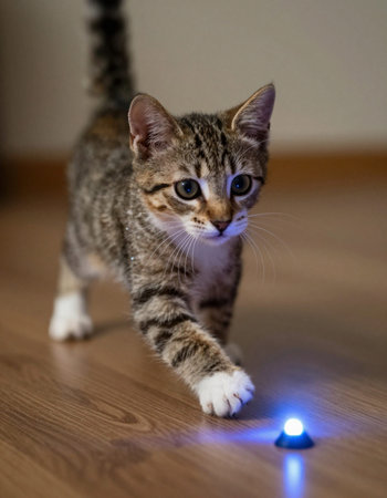 cute tabby kitten with blue light on the floor at homeの写真素材