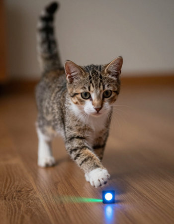 Cute tabby cat with a flashlight on a wooden floor.
