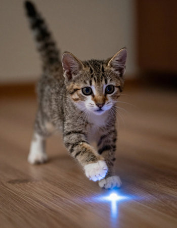 Cute tabby kitten with blue light on the floor at home