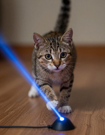 Cute tabby cat with a blue led lamp on the floorの写真素材