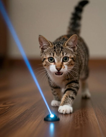 Cute tabby kitten with blue led light on the floor.の写真素材