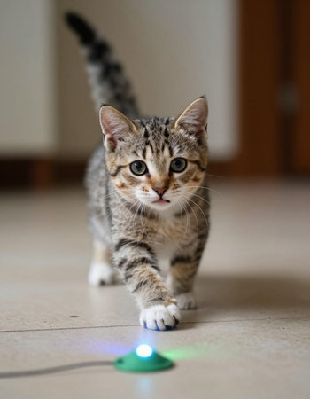 cute little tabby kitten playing with a green led lamp on the floor