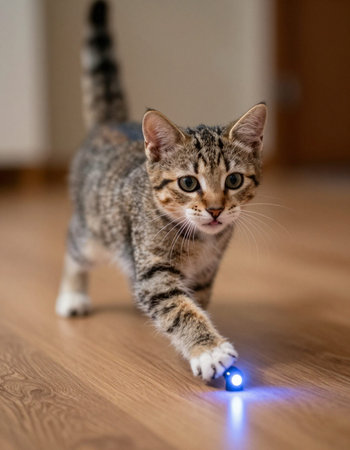 Cute tabby kitten with led light on floor at home.の写真素材