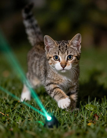 Cute tabby kitten with a green flashlight on the grass.の写真素材