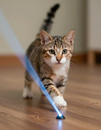 Cute tabby cat on a leashの写真素材