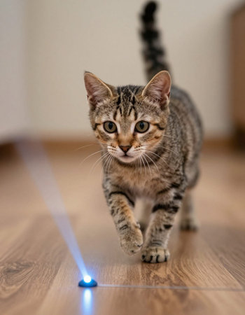 Cute tabby cat with blue light on the floor at homeの写真素材