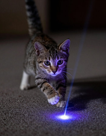 Cute tabby cat with blue led light on the floor.の写真素材