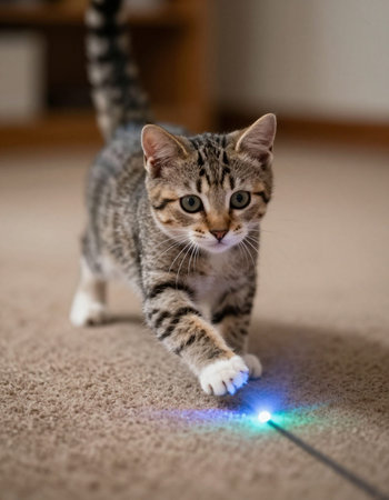Cute tabby kitten playing with led light on the floor.