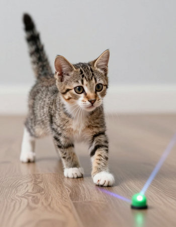 Cute tabby kitten playing with a green ball in the living roomの写真素材