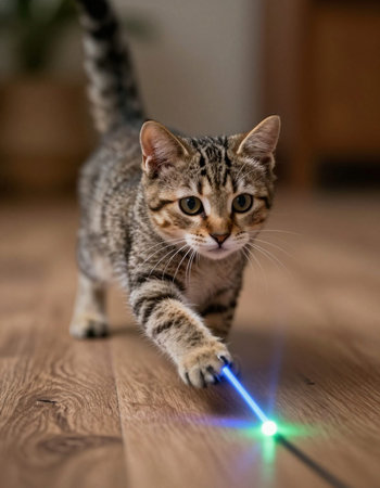 Cute tabby cat with led light on the floor at homeの写真素材