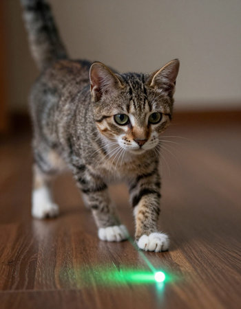 cute tabby cat with green led light on a wooden floorの写真素材
