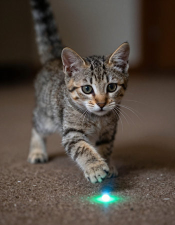 cute little tabby kitten with green led light on the floorの写真素材