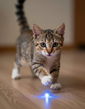 Cute tabby kitten with blue light on a wooden floor.の写真素材
