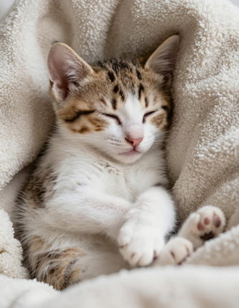 Cute little bengal kitten sleeping on a soft blanket.の写真素材