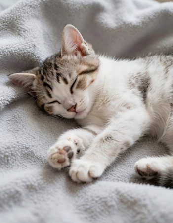 Cute little kitten sleeping on white blanket, selective focus, copy spaceの写真素材