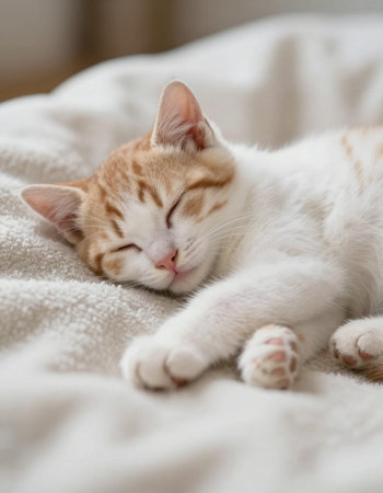 Cute little cat sleeping on the bed at home, selective focusの写真素材
