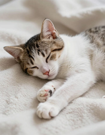 Cute little cat sleeping on white bedding. Shallow dof.の写真素材