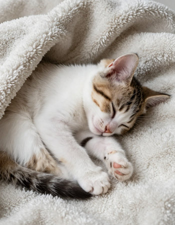 Cute little kitten sleeping on a soft blanket. Selective focus.の写真素材