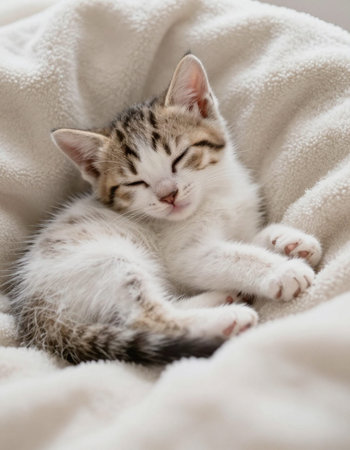 Cute little kitten sleeping on a soft white blanket. Selective focus.の写真素材