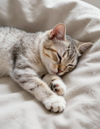 Cute tabby cat sleeping on a white blanket in the roomの写真素材