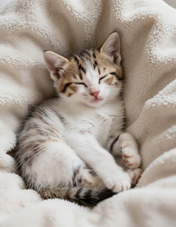 Cute little kitten sleeping on a soft blanket. Pet care.の写真素材